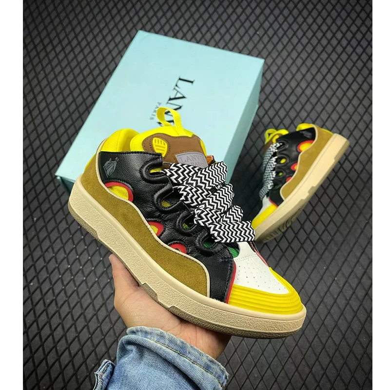 

2022 Women cowhide Fabric Sports Shoes Flat Thick Sole Shoes Lace Up Mixed Color Patchwork Casual Shoes Sneakers Unisex Luxury