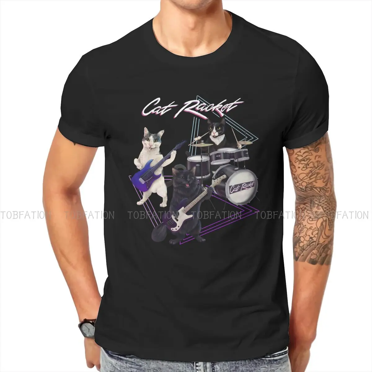

Cat Racket Cat Band On Guitar Bass and Drums Classic Round Collar TShirt Bass Guitar Rock Music Fabric Original T Shirt Men