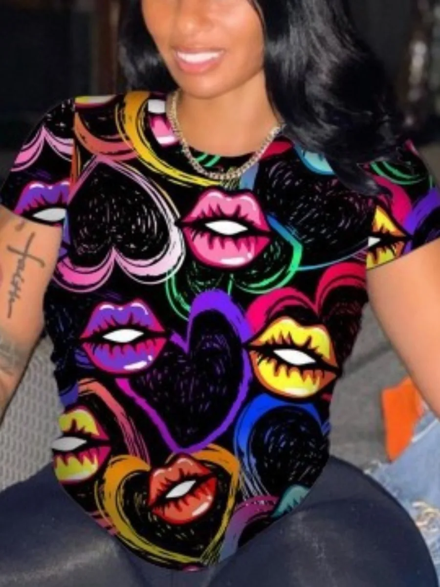 

LW Heart Lip Print T-shirt Women Summer Harajuku T Shirt Fashion Graphic Tops Female T-shirt Kawaii Casual Tee Woman Clothing