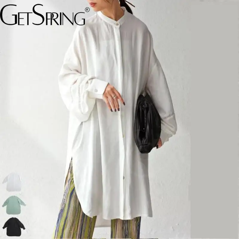 

GetSpring женская блузка 2022, воротник-стойка, ажурный рукав-фонарик, разрез, свободная Длинная женская рубашка, простые Универсальные женские то...