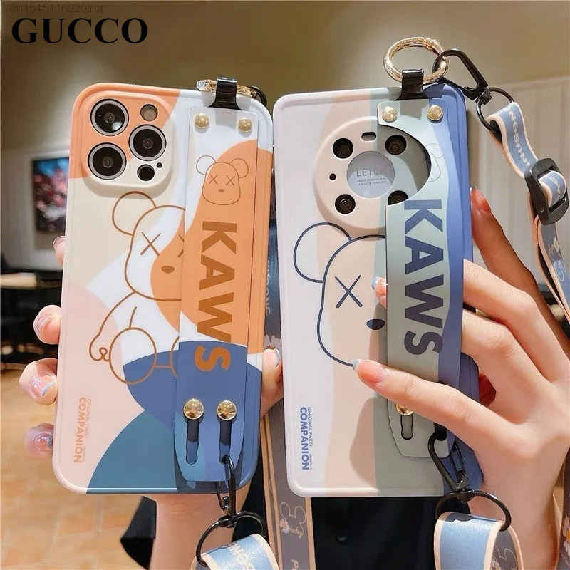 

Kawaii Lanyard Wristband Cute K-kawsed Bear iPhone Case For iphone 12 11 Pro Max XS XR Huawei P50 pro Mate 40 Mate30 40pro coque