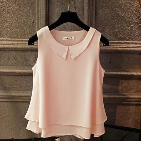Blouse Shirt Women 2022 Female Solid Color Double layer Chiffon Shirts Casual Sleeveless Loose Top Clothing Elegantes Shirt Girl