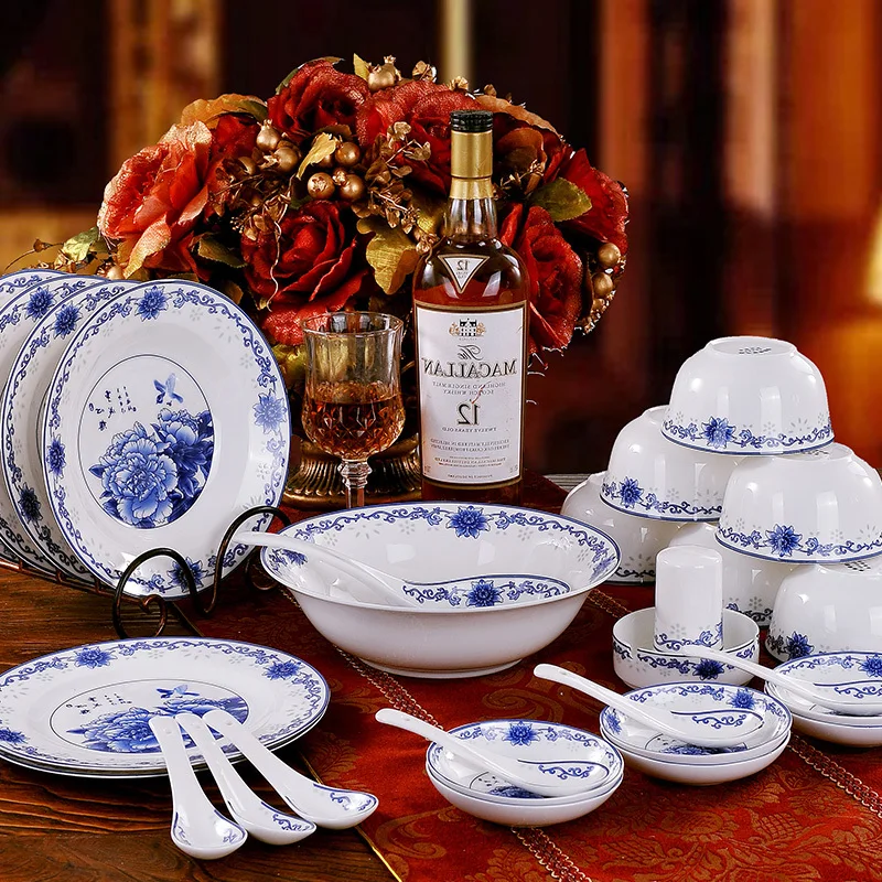 

glazed 28 ceramic Chinese blue and white porcelain bowl bone china tableware gift set