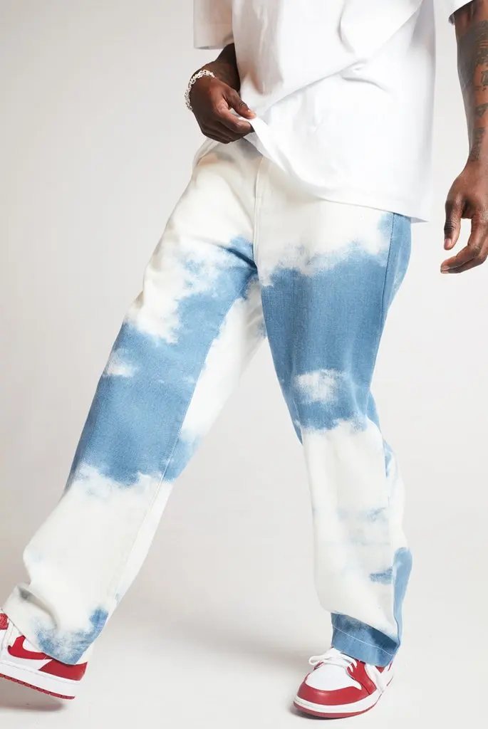 

Denim Pants Men Casual Loose Straight Tie Dye Print Gradient Color Long Trouser Straight Mens Jeans Goth Punk Hip Pop Streetwear