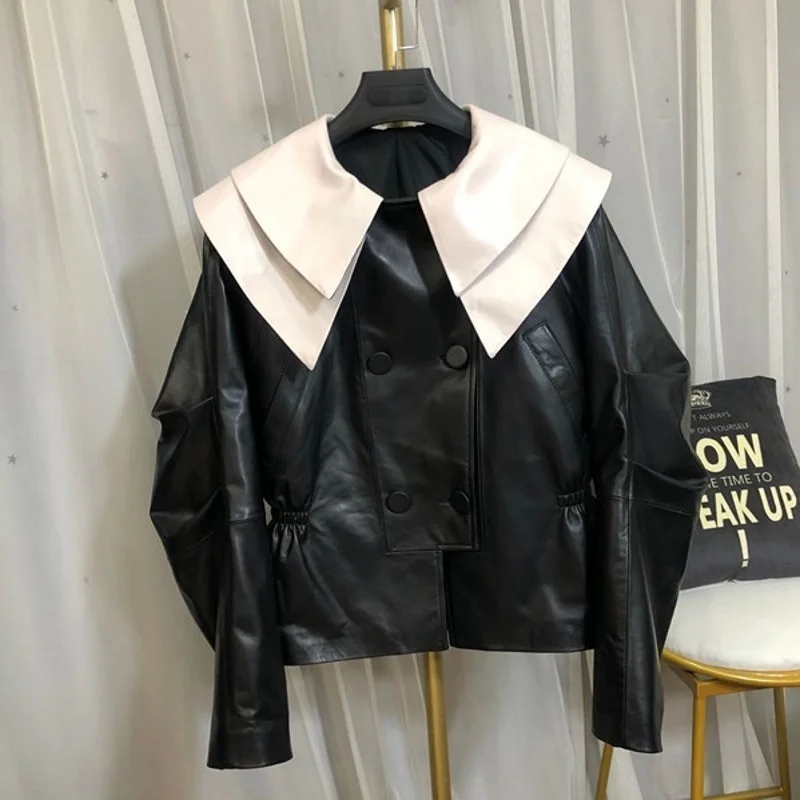 

Новая куртка из овечьей кожи с женским воротником, Куртки из натуральной кожи с эластичным поясом и рукавом летучая мышь