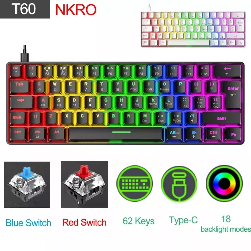 

T60 62 Keys Mechanical Keyboard NKRO 18 Kind Backlight Type-C USB Wired Waterproof ABS Keycap for 60% PC Gaming Keyboard