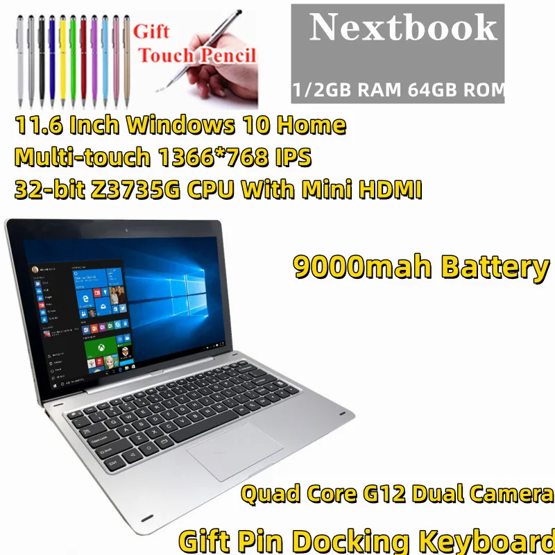 10 1-дюймовый Планшет Windows с клавиатурой 1 ГБ ОЗУ 64 Гб ПЗУ Nextbook Multi-touch 11 6*1366 IPS 768G HDMI |