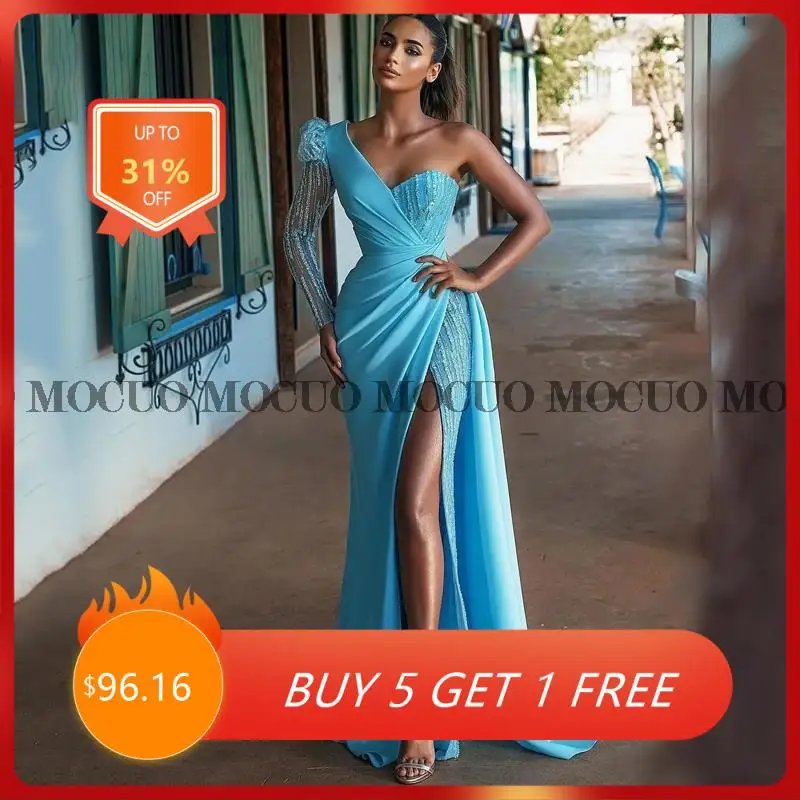 

Соблазнительные Выпускные платья с высоким разрезом, атласное вечернее платье с блестками, длинное платье с юбкой-годе на одно плечо для коктейвечерние, Саудовская Аравия