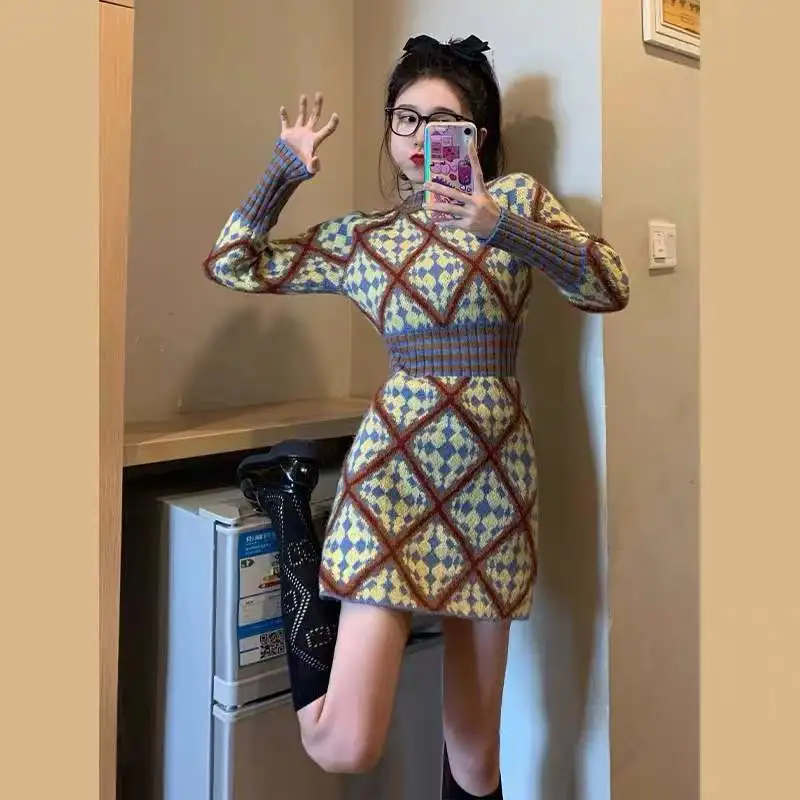 

Женское трикотажное мини-платье-свитер, облегающее платье с французским Ретро принтом, осень 2023