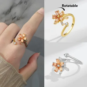Anti Stress Anxiety Rings For Women Rotating Daisy Sun Flower Spinner Rings Crystal Fidget Ring Trendy Jewelry 2022
