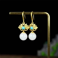 hot selling natural hand carved 925 silver gufajin inlaid white jade round beads earrings studs fashion jewelry women luckgifts