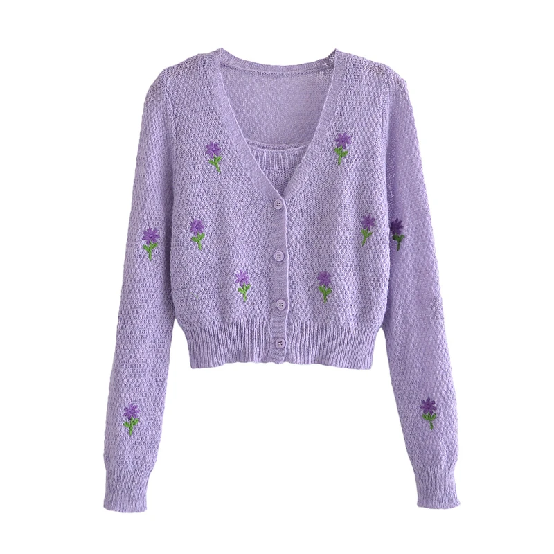 

2022 Fashion Autumn Ins Women's Embroidery Two-Piece Sweater Elegant Pink Cropped Sweater Women Sexy V-Neck Crop Top Streetwear