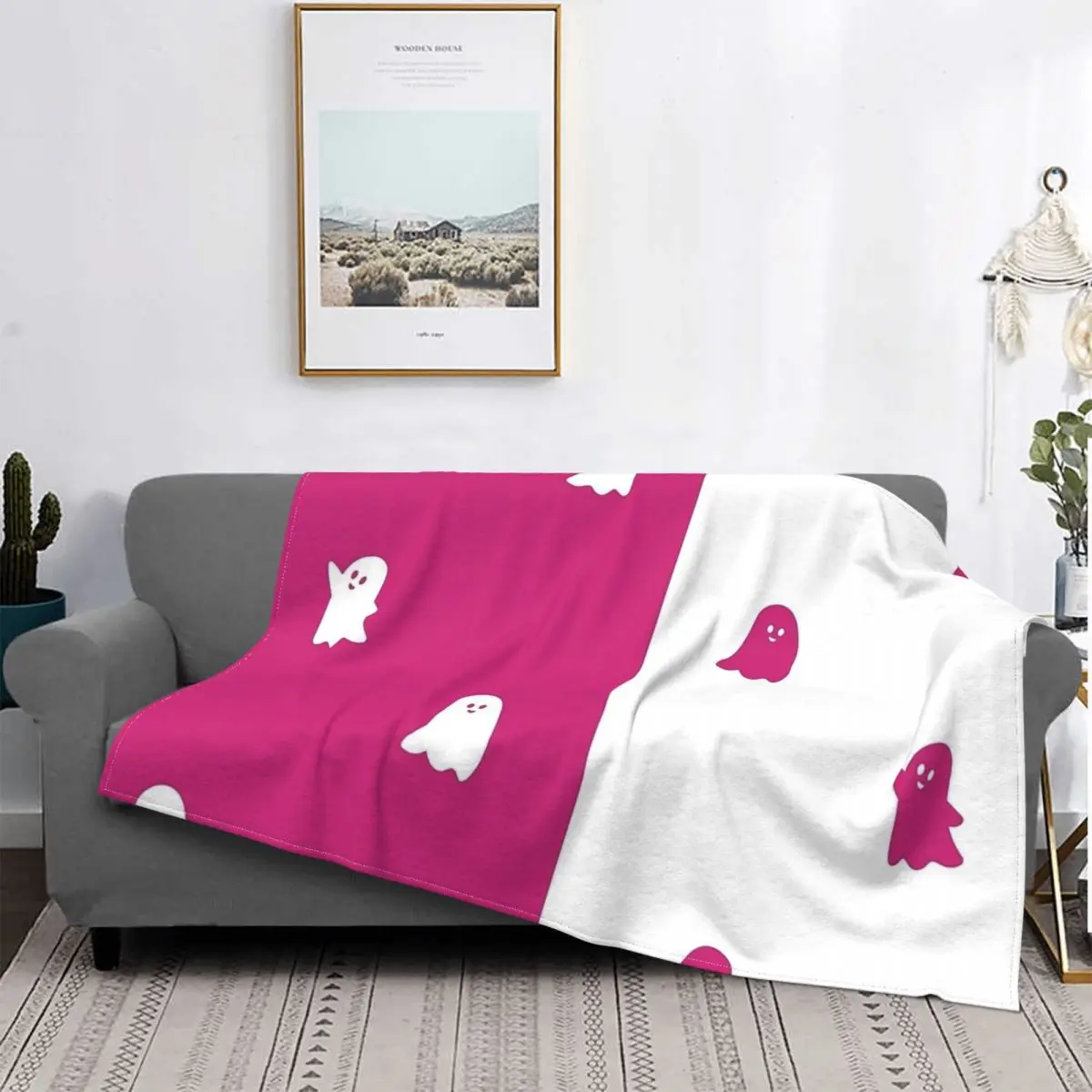 

Pink Ghost Kawaii Blankets Fleece Decoration Spooky Halloween Portable Warm Throw Blanket for Home Travel Bedding Throws