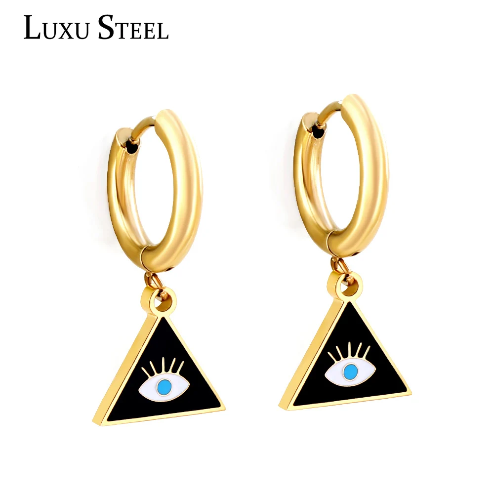 

LUXUSTEEL Gold Color Blue Evil Eye Hoop Earrings for Women Stainless Triangle Pendant Earrings Korean Jewelry 2022 New