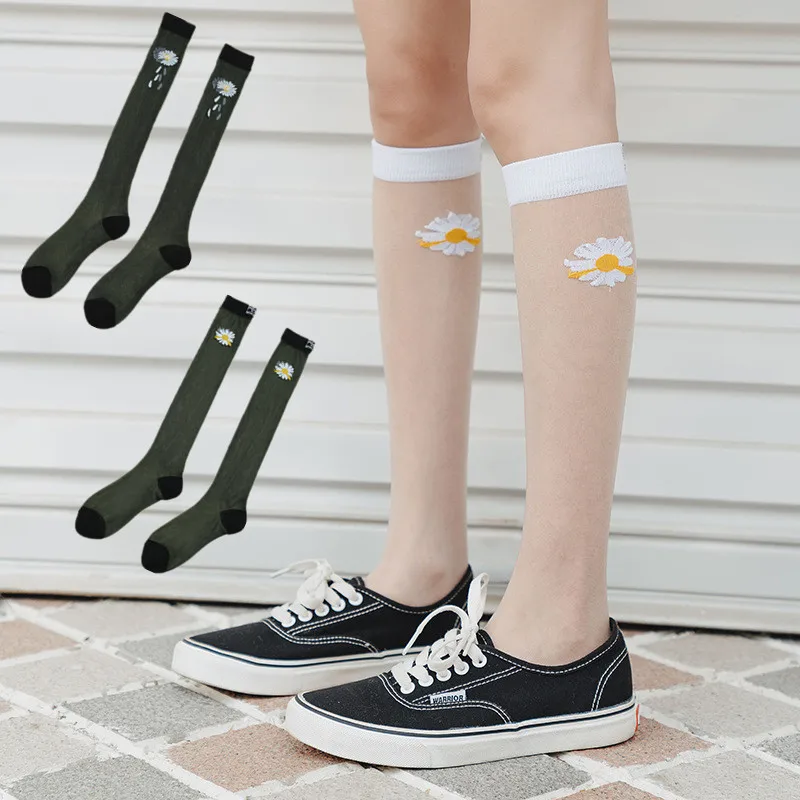 

New Lolita Style Women Summer Knee Socks Transparent Socks Women Harajuku Long Thin Socks For Girls Breathable Daisy JK Socks