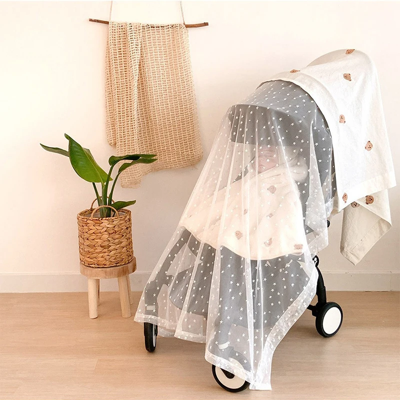 

Baby Sunshade Windshield Sunscreen Curtain Lovely Olive Bear Print Stroller Cover Yarn Infant Breathable Mesh Mosquito Net
