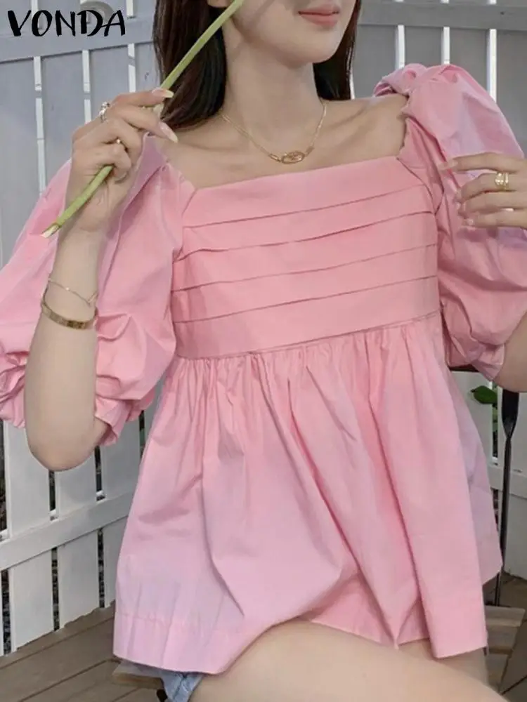 

Women Summer Elegant Blouses VONDA Sexy Square Collar Tunic Tops 2023 Half Puff Sleeve Pleated Shirts Casual Solid Color Blusas