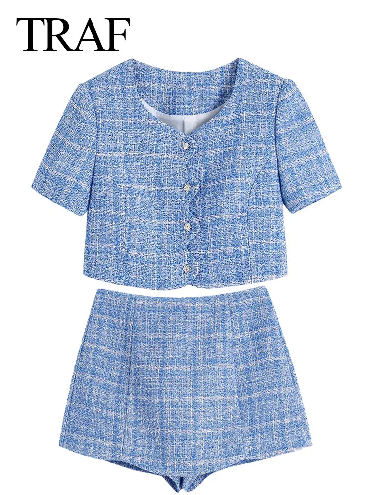

TRAF Ladies Fashion Lattice Short Sleeve Navel-less Top Suit Four Flower Buttons Coat + Hight Waist Slim Fit Sexy Skirt Female