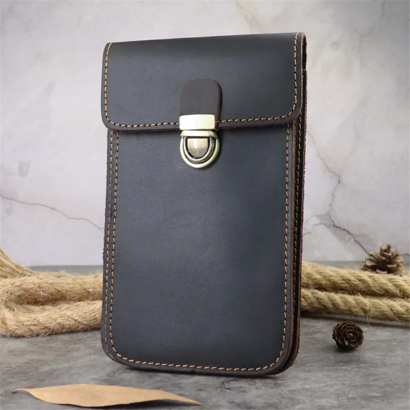 Simple fashion genuine leather men's buckle phone waist packs high quality natural crazy horse cowhide thin small storage bag