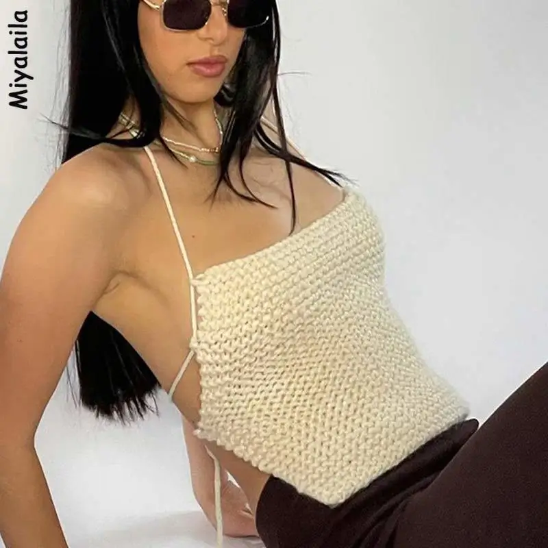 

Halter Neck Camisole Tank Tops Women Knitting Spaghetti Strap Sexy Backless Crop Tops Summer Fashion Stretch Skinny Camis Tops