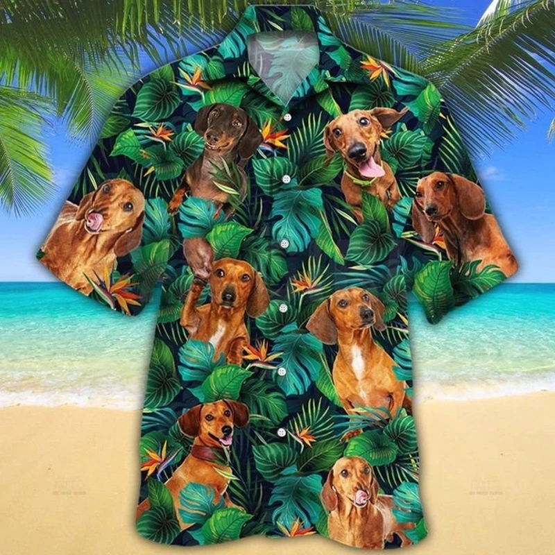 Dachshund Tropical Leaves Hawaiian Shirt 3D All Over Printed Hawaiian Shirt Men's For Women's Harajuku Casual Shirt Unisex