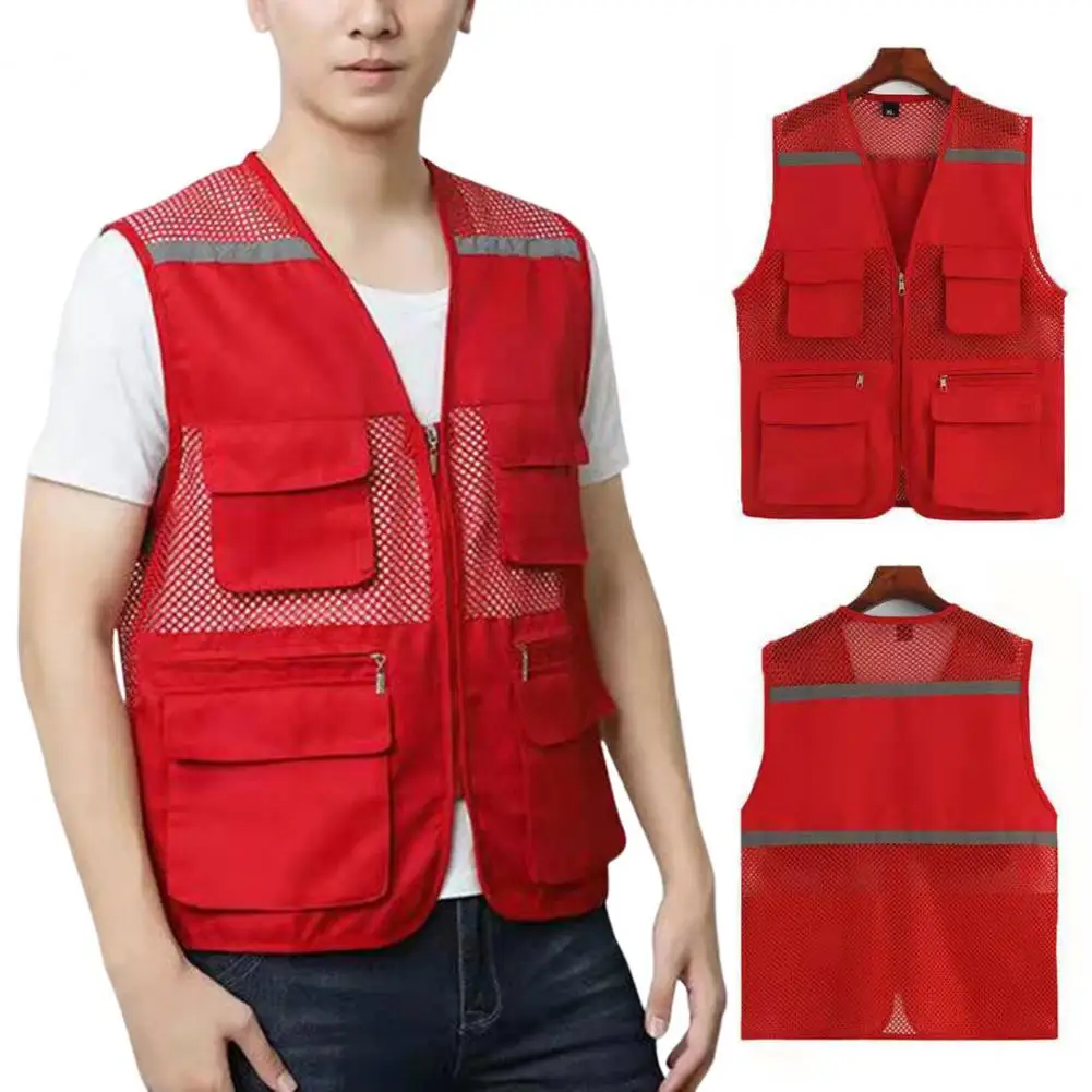 

Men Waistcoat Reflective Stripes Breathable Sleeveless Safety Vest Multi Pockets Zipper Mesh Director Fishing Camping Vest