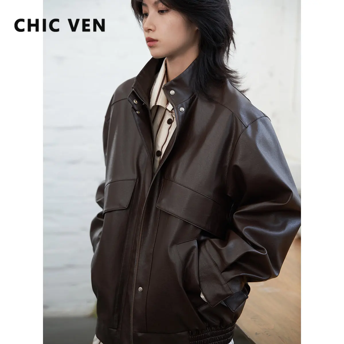 CHIC VEN Vintage Unisex Stand Collar PU Faux Leather Coat Women's Long Sleeve Jacket Female Top Lady Coat Spring Autumn 2022 enlarge