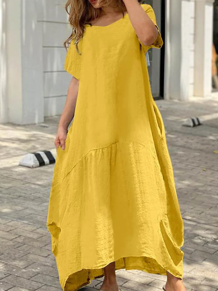 

Solid Color Simple Cotton Linen Dress Women Spring O Neck Loose Irregular Boho Dress Summer Short Sleeve Long Party Dress Mujer