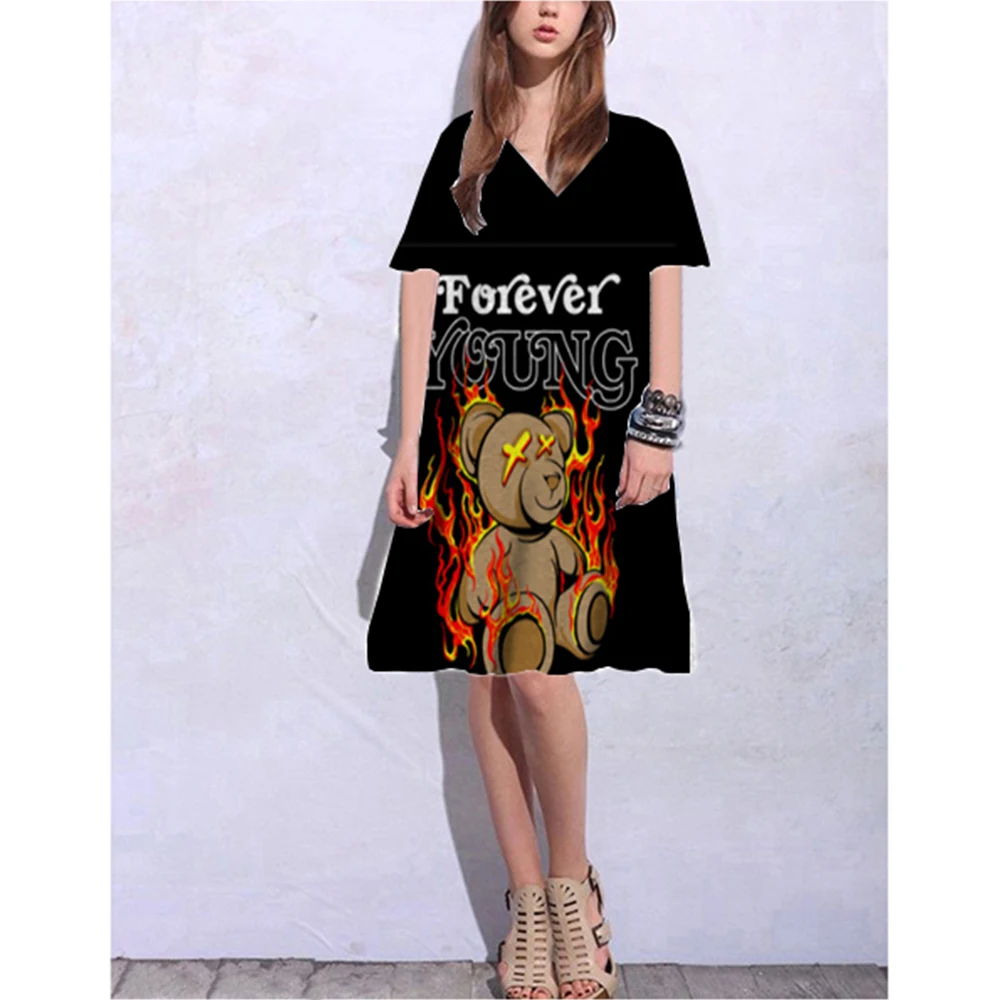 

2022 Summer Elegant Women's Floral Theme Printed Painting Dresses Knee Length V Neck Loosen Casual Dress Plus Size New Design