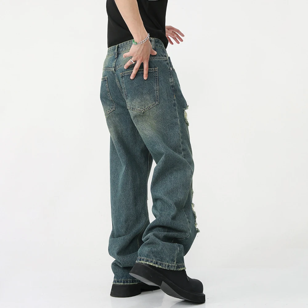 HOUZHOU Ripped Jeans for Men Wide Leg Pants Hip Hop Distressed Denim Trousers Male Vintage Casual Japanese Streetwear Hippie