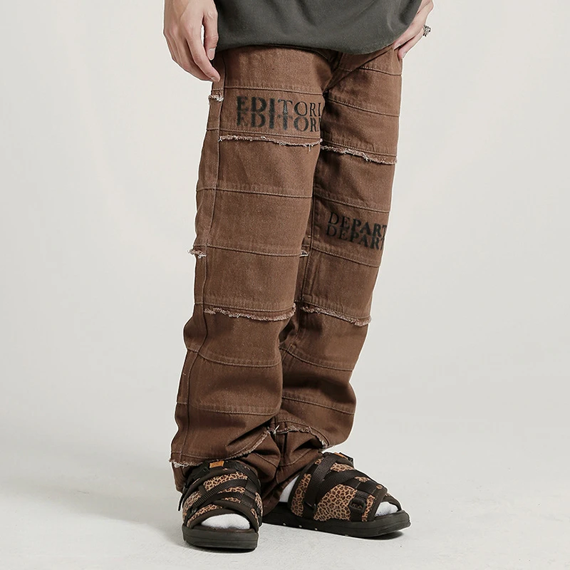 Four Seasons Men Jeans Striped Tassel Letter Embroidery Harajuku Retro Hip Hop Couple Jeans Street Ins Hot Sale Patchwork Jeans