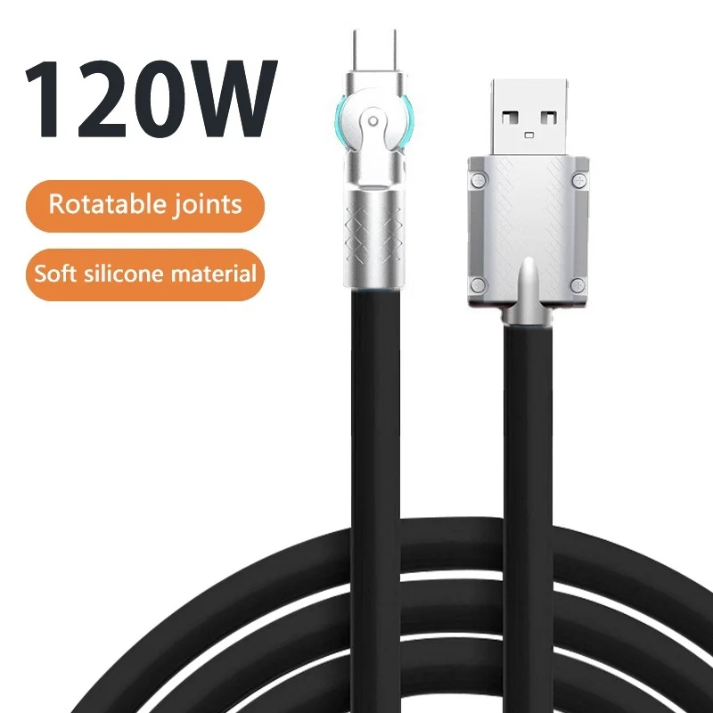 

6A Fast Charge Cable 120W USB A Type C Data Cord For Samsung Xiaomi Huawei Turn The Bend 180 Degrees Elbow Liquid Silicone Cable