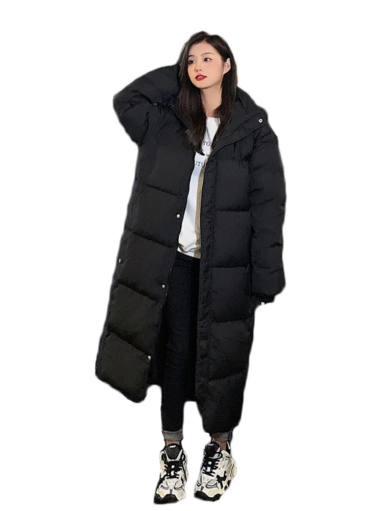 

Down Cotton Coat Women Black White Long Thick Hooded Parkas 2022 Autumn Winter New Fashion Casual Loose Warmth Clothing Feminina