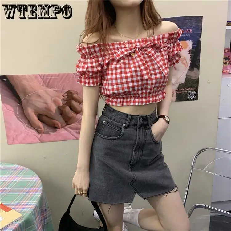 Женский топ с бантом и пышными рукавами летний короткий в стиле ретро блузка