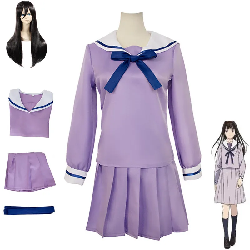 

Anime Iki Hiyori Noragami Cosplay Costume Purple Long Sleeve Shirt Skirt Tie Wig Man Woman Adult Kawaii Jk Uniform Sailor Suit