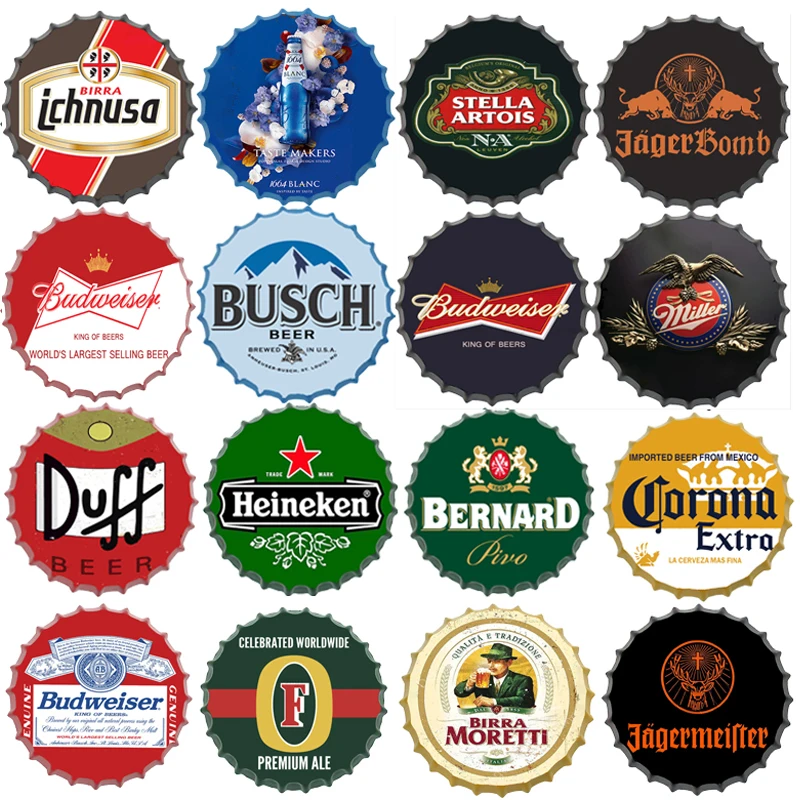 

Beer Cap Tin Sign Hanging Crafts Decor Bar Garage Man Cave Wall Signs Metal Round Plate Beer Brand Name Retro Decorative Plaques