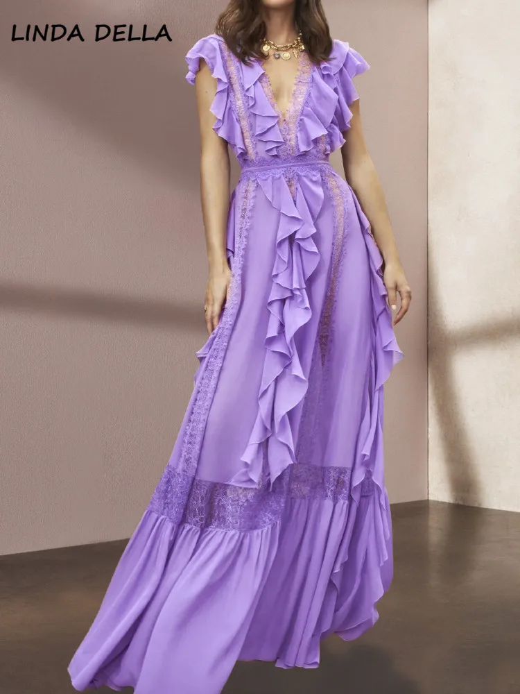 

Женское платье до середины икры LINDA DELLA, подиумное винтажное фиолетовое платье с глубоким V-образным вырезом, кружевное ажурное платье с оборками и высокой талией, лето