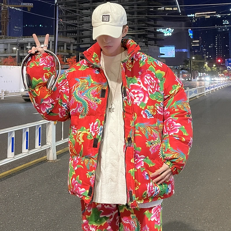 Northeast Big Flower Print Cotton-Padded Coat Men's, Red New Year Flower Coat Trendy Thickened Pattern Cotton-Padded Coat