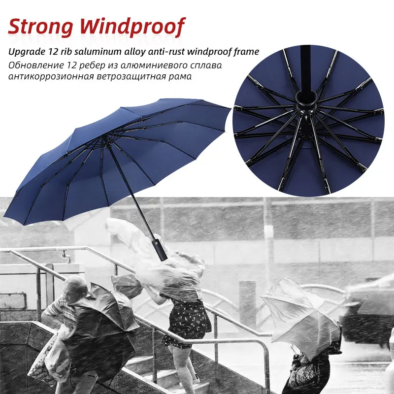 

12K Automatic Umbrella Strong Wind Resistant Rain Windproof 3Folding Long Handle Women Men Business Outdoor Travel Umbrella