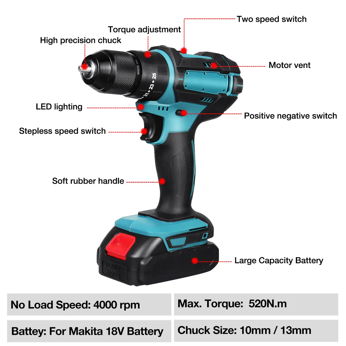 3 в 1 Зажимной патрон нм 13 мм 10 крутящий момент Электрическая дрель плоский