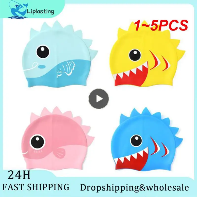 

1~5PCS New Kids Swimming Caps Cute Cartoon Dinosaur Boys Girls Swim Cap Soft Silicone Waterproof Children Swimming Cap Hat High