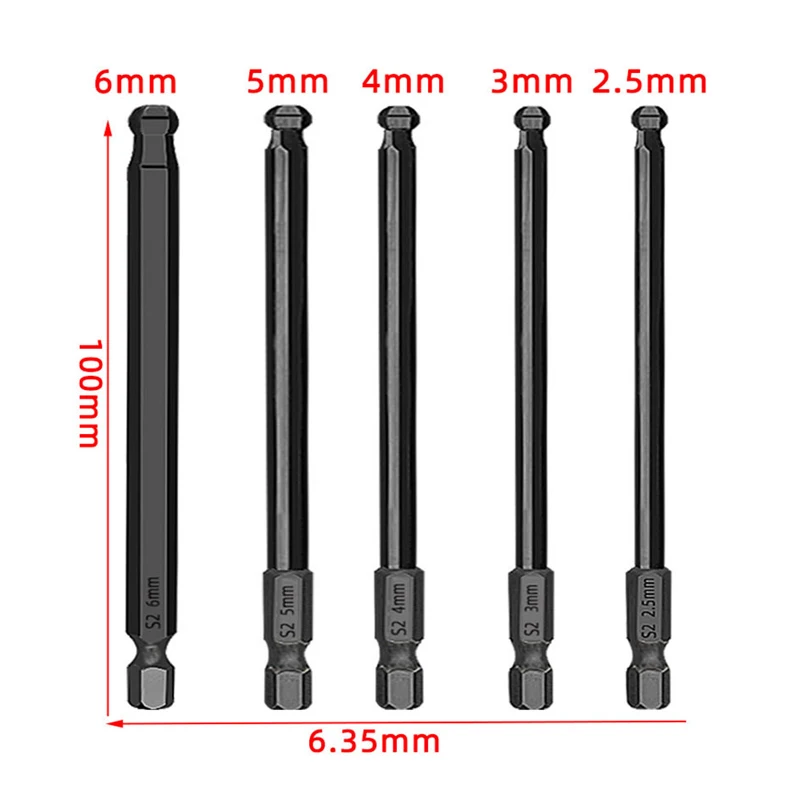 

5Pcs Black Ball End Screwdriver Bits 100mm Metric Allen Wrench Drill Bit S2 Magnetic Hex Bit Set Ball Head Driver Bits