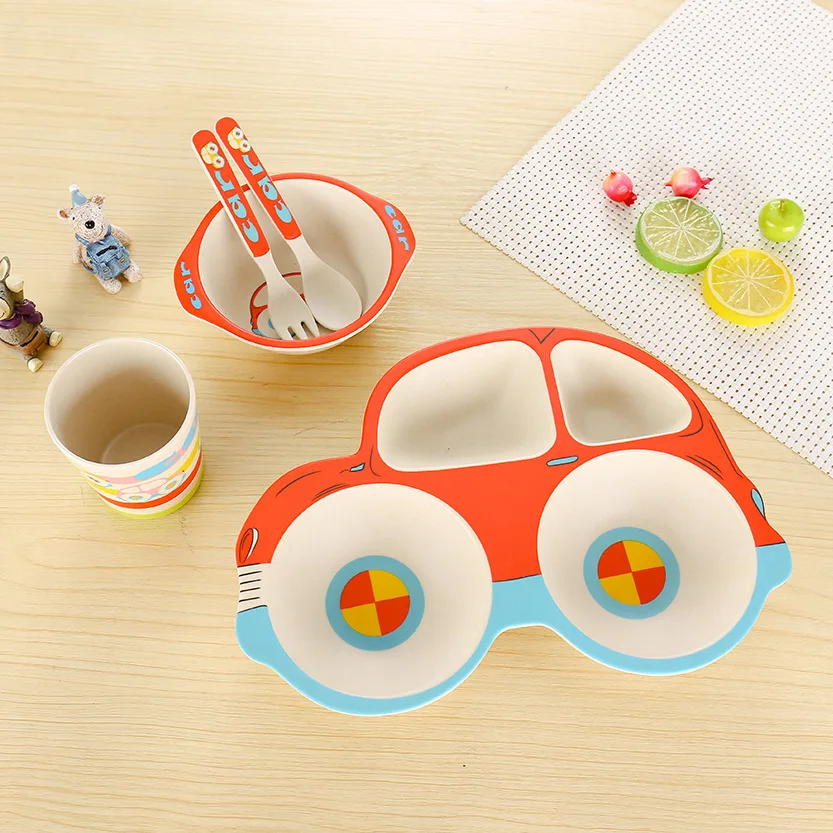 

Baby Car Bamboo Tableware Set Children Dishes Plate Bowl Spoon Fork Cup Anti-fall Solid Food Self Feeding for KidsCreative Gifts