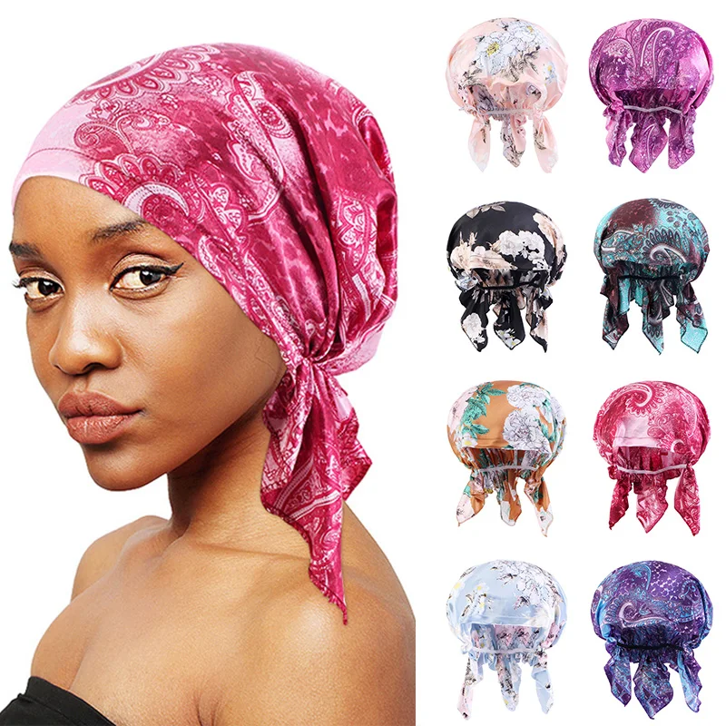 

Ethnic Style Satin Three-cornered Hat Women Silk Shower Cap Night Sleep Cap Hair Bonnet Hat Head Cover Turban Headscarf