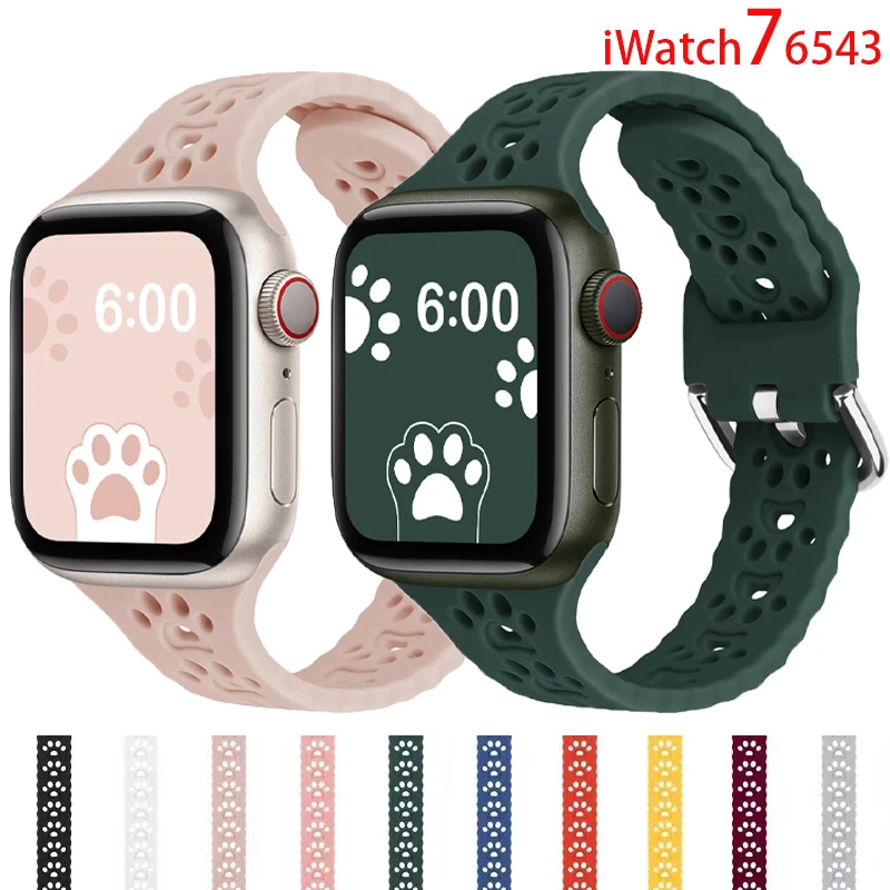 

Slim Silicone Strap For Apple Watch Band 44mm 40mm 38mm 42mm Breathable Soft 45/41mm Cat Paw Design Bracelet iWatch 7 6 5 4 3 SE