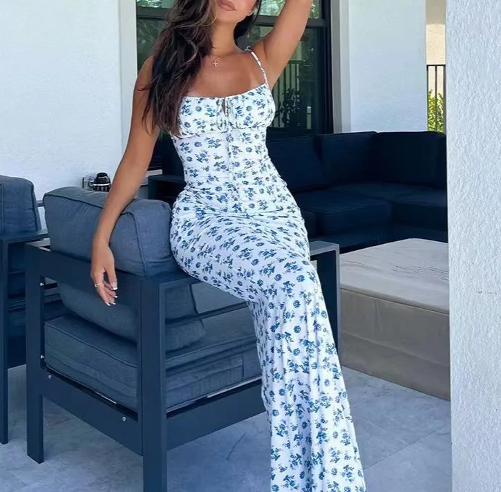 

Floral Suspender Maxi Dress 2023 Summer Lace Up Sling New Slim Sleeveless Patry Beach Style Spaghetti Strap Dress Women Clothes