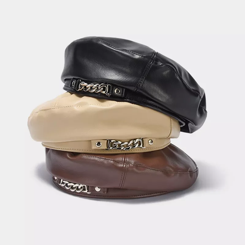 

New in Women Beret Solid Beret Cap Pu Leather Chain Beret French Artist Warm Beanie Hat Female Ladies All-Match Adjustable Hat y