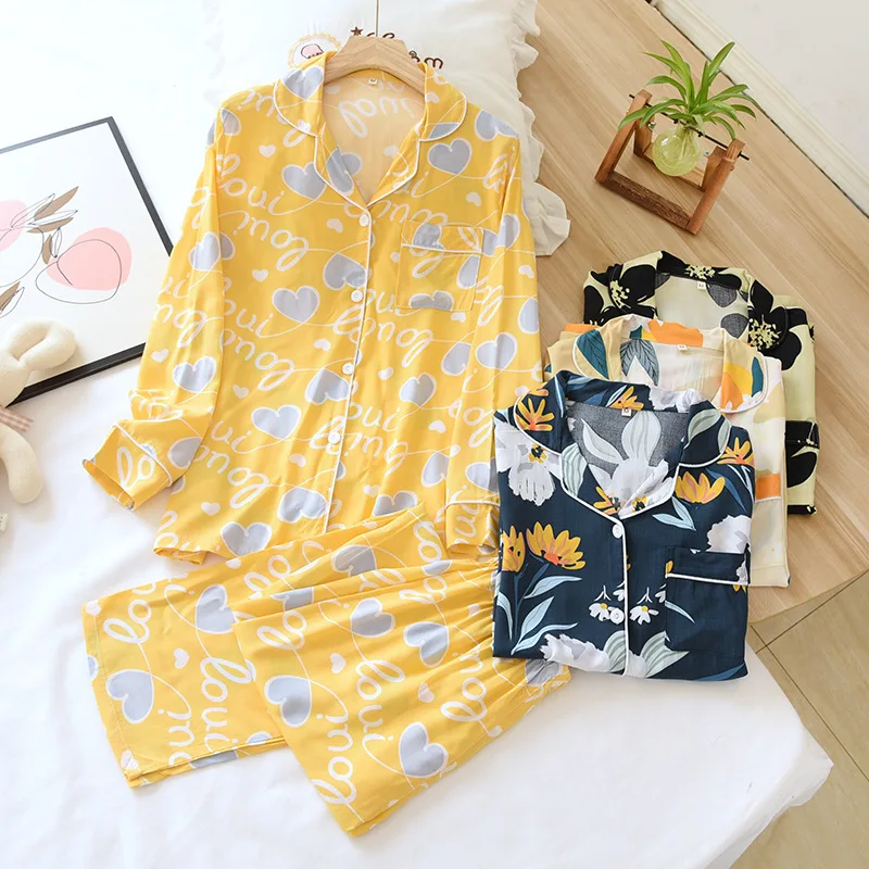 Homewear Pajamas Suit Women Viscose Bedgown Large Size Floral Summer Lapel Thin Smooth Soft Long-sleeved Trousers Home Service