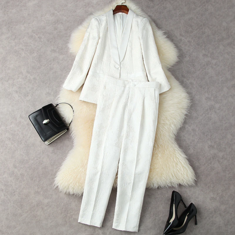 

2022 New Long Sleeve One Button Jacquard Coat 7 Minutes of Pants Fashion Suits European and American Women's Wear Spring