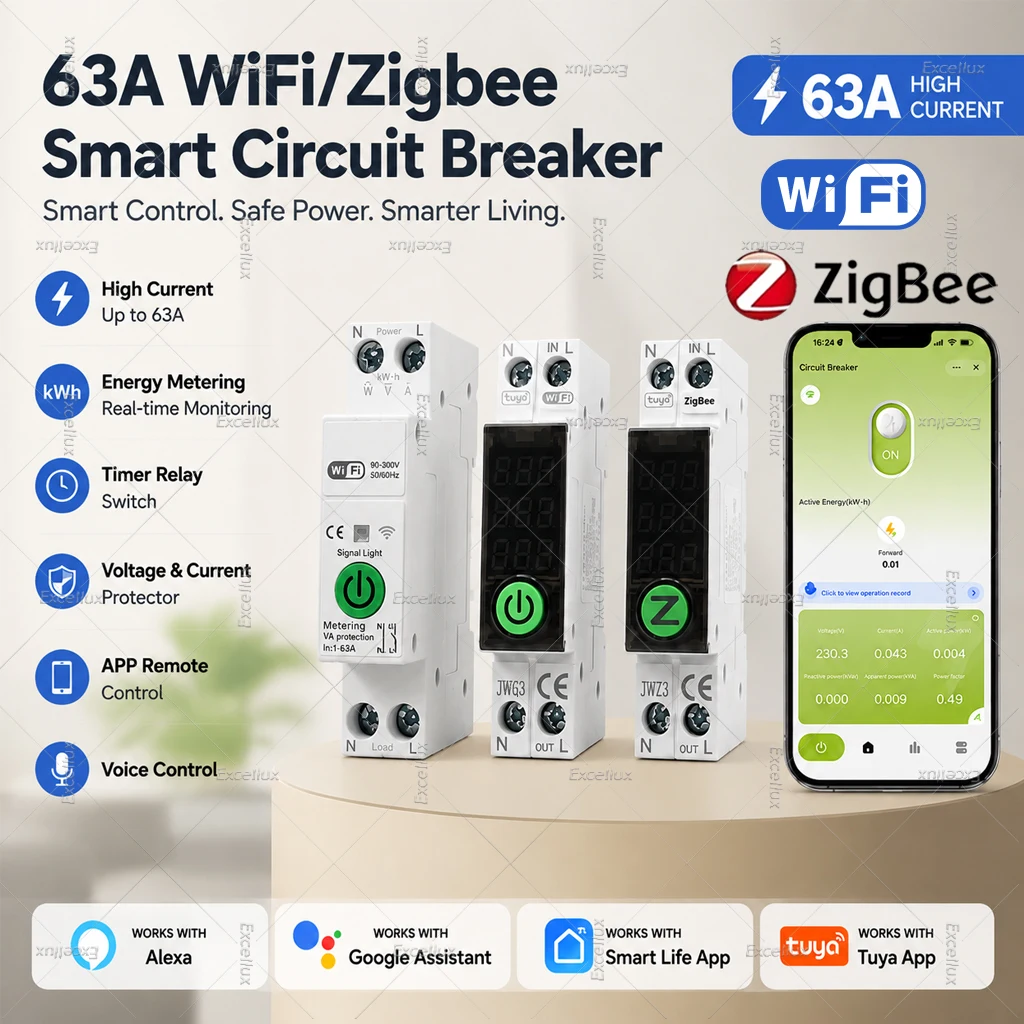 Фото Умный автоматический выключатель TUYA WiFi/ZigBee 63A с функцией измерения мощности, таймером, дистанционным управлением через приложение и реле защиты от перенапряжения и перегрузки по току. №1